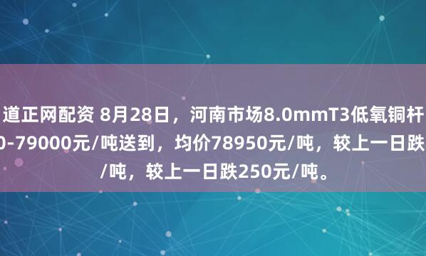 道正网配资 8月28日，河南市场8.0mmT3低氧铜杆报价78900-79000元/吨送到，均价78950元/吨，较上一日跌250元/吨。